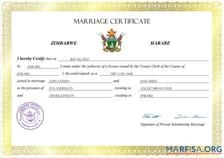 Printable Zimbabwe marriage certificate Word and PDF template